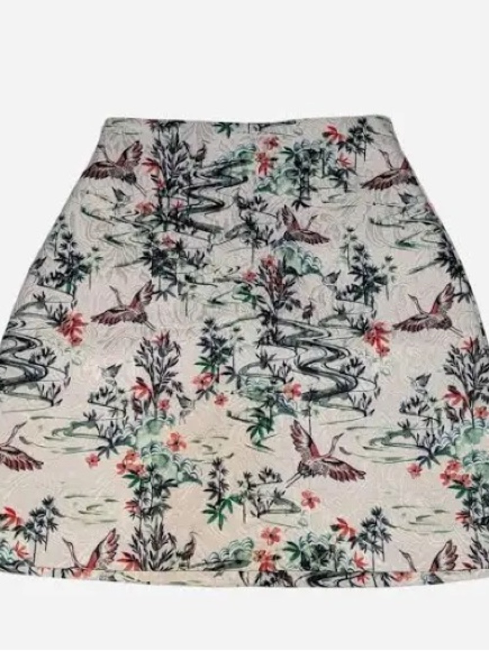 H&M White Floral & Crane Pencil Skirt with Green and Pink Accents